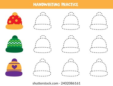 Tracing contours for kids. Cute cartoon colorful caps. Handwriting practice for children.