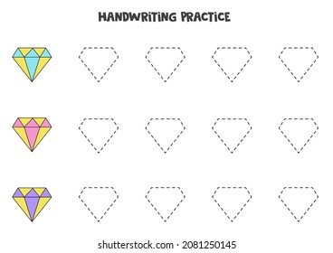 Tracing contours for kids with cute colorful diamonds. Handwriting practice.