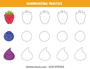 Tracing contours for kids. Cute kawaii fruits and berries. Handwriting practice.