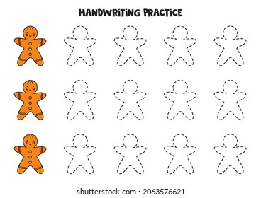Tracing contours for kids with gingerbread cookie. Handwriting practice.