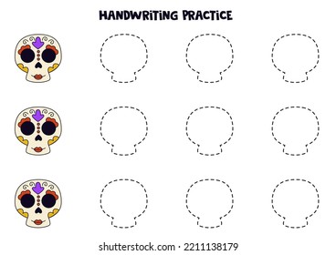 Tracing contours of Mexican skull. Handwriting practice.