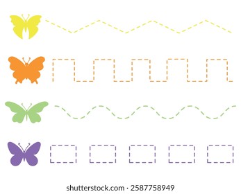 Tracing the contours of rectangles, triangles, wavy lines. Writing practice for children on dotted lines. Funny butterflies. Printable sheet, teaching in kindergarten, copybooks