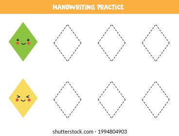 Tracing contours of rhombus. Handwriting practice for children.