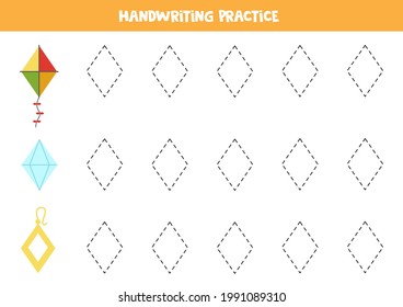 Tracing contours of rhombus objects. Handwriting practice for children.