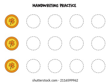 Tracing contours of shamrock coins. Handwriting practice.