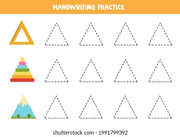 Tracing contours of triangular objects. Handwriting practice for children.