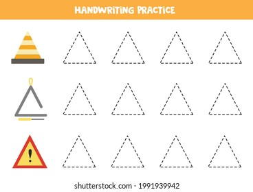Tracing contours of triangular objects. Handwriting practice for children.