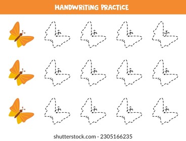 Tracing contours of yellow butterfly. Handwriting practice.