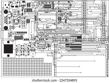 Tracing difficult multilayer printed circuit board. Top layer of printed conductors. Vector drawing of printed tracks, transition holes, contact pads,  copper metallization areas.
Silkscreen printing.