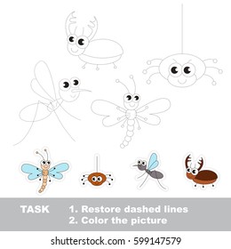 Tracing Dragonfly and Spider, and Mosquito and Beetle. Cute different insects. Dot to dot educational game for kids.