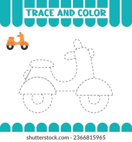 Tracing educational page for kids. Handwriting practice activity worksheet for preschoolers. Trace moped, scooter. 