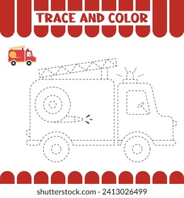 Lehrblatt für Kinder. Wagen mit Spur-Feuer. Handschriftenaktivität für Kleinkinder