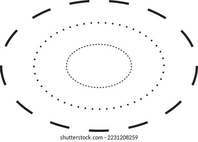 Símbolo de forma de elipse de rastreo, elemento de línea fraccionada con guiones y puntos para niños de preescolar, kindergarten y Montessori preescribiendo, dibujando y cortando actividades de práctica en ilustración vectorial

