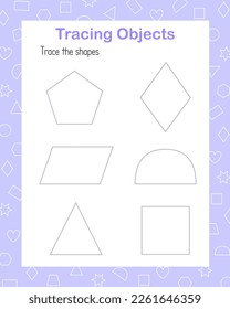 Rastreo de formas lineales geométricas práctica de escritura a mano ilustración vectorial hoja de trabajo educativa, dibujo objetos concepto de aprendizaje de actividades de ocio, juego para los recursos del profesor