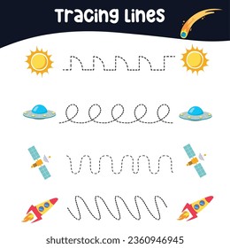 Tracing horizontal lines activity with cartoon character of a cute astronaut, comets, rocket, stars, sun, ufo, satellite. Tracing worksheet for kids practising the motoric skills. 