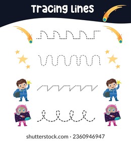 Tracing horizontal lines activity with cartoon character of a cute astronaut, comets, rocket, stars, sun, ufo, satellite. Tracing worksheet for kids practising the motoric skills. 