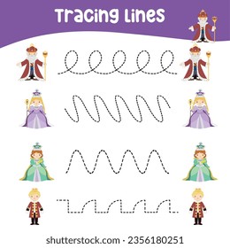 Tracing horizontal lines activity with cute fairytale kingdom theme. Tracing worksheet for kids practising the motoric skills. Educational printable worksheet. Vector illustration.