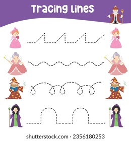 Tracing horizontal lines activity with cute fairytale kingdom theme. Tracing worksheet for kids practising the motoric skills. Educational printable worksheet. Vector illustration.