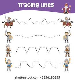 Tracing horizontal lines activity with cute fairytale kingdom theme. Tracing worksheet for kids practising the motoric skills. Educational printable worksheet. Vector illustration.