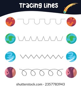 Tracing horizontal lines activity with planets in the solar system, earth, mars, Venus, Uranus, Saturn, mercury, etc. Tracing worksheet for kids practising the motoric skills. Educational printable pa
