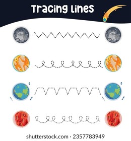 Horizontale Streckenaktivitäten mit Planeten im Sonnensystem, Erde, Mars, Venus, Uranus, Saturn, Quecksilber usw. Ablaufblatt für Kinder, die die Motorik üben. Bildungsprinzip