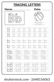 Planilha da letra B de rastreamento para crianças. Página educacional imprimível para praticar letras maiúsculas e minúsculas B com linhas tracejadas. Inclui diretrizes de escrita à mão e uma imagem divertida para ajudar as crianças a aprender