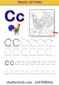 Lehrbuchstabe C für Studienalphabet. Ausdruckbares Arbeitsblatt für Kinder. Bildungs-Seite für das Farbbuch. Entwicklung von Kinderfähigkeiten zum Schreiben und Nachvollziehen von ABC. Cartoon-Bild der Vektorillustration für das Schulbuch.