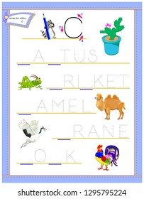 Tracing letter C for study English alphabet. Education page for kindergarten. Worksheet for kids. Logic puzzle game. Developing children skills for writing and reading. Vector cartoon image.