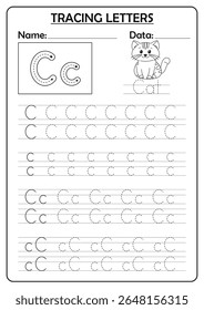 Tracing letter C worksheet for kids. Printable handwriting activity with uppercase and lowercase letter C in dashed lines. Includes tracing guides and a cute illustration to support early learning.