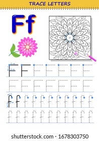 Tracing letter F for study alphabet. Printable worksheet for kids. Education page for coloring book. Developing children skills for writing and tracing ABC. Vector cartoon image for school textbook.