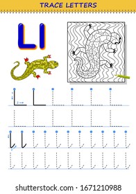 Tracing letter L for study alphabet. Printable worksheet for kids. Education page for coloring book. Developing children skills for writing and tracing ABC. Vector cartoon image for school textbook.