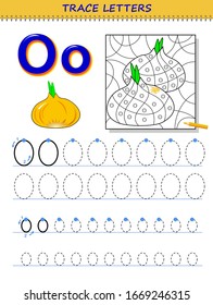 Tracing letter O for study alphabet. Printable worksheet for kids. Education page for coloring book. Developing children skills for writing and tracing ABC. Vector cartoon image for school textbook.