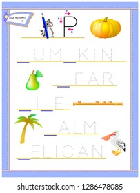 Tracing letter P for study English alphabet. Printable worksheet for kids. Logic puzzle game. Education page for kindergarten. Developing children skills for writing and reading. Vector cartoon image.