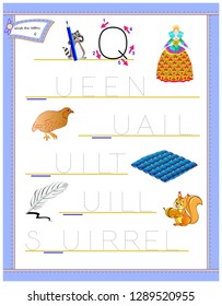 Tracing letter Q for study English alphabet. Printable worksheet for kids. Logic puzzle game. Education page for kindergarten. Developing children skills for writing and reading. Vector cartoon image.