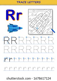 Tracing letter R for study alphabet. Printable worksheet for kids. Education page for coloring book. Developing children skills for writing and tracing ABC. Vector cartoon image for school textbook.