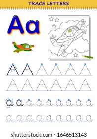 Lehrbuchstabe A für Studienalphabet. Ausdruckbares Arbeitsblatt für Kinder. Bildungs-Seite für das Farbbuch. Entwicklung von Kinderfähigkeiten zum Schreiben und Nachvollziehen von ABC. Cartoon-Bild der Vektorillustration für das Schulbuch.