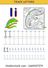 Tracing letter i for study alphabet. Printable worksheet for kids. Education page for coloring book. Developing children skills for writing and tracing ABC. Vector cartoon image for school textbook.