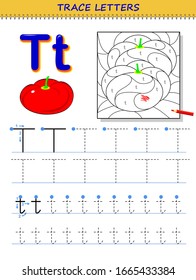 Tracing letter T for study alphabet. Printable worksheet for kids. Education page for coloring book. Developing children skills for writing and tracing ABC. Vector cartoon image for school textbook.