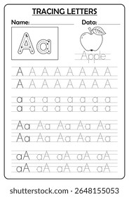 Planilha de carta de rastreamento para crianças. Página de atividade educacional imprimível para aprender as letras maiúsculas e minúsculas A. Prática de escrita à mão em alfabeto com linhas tracejadas, linhas guiadas.