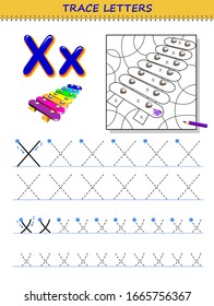 Tracing letter X for study alphabet. Printable worksheet for kids. Education page for coloring book. Developing children skills for writing and tracing ABC. Vector cartoon image for school textbook.