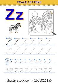 Tracing letter Z for study alphabet. Printable worksheet for kids. Education page for coloring book. Developing children skills for writing and tracing ABC. Vector cartoon image for school textbook.