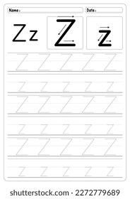 Guía de la escuela de escritura a mano de trazos de letras Z de hoja de cálculo vector de educación