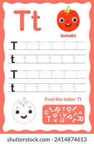 Tracing letters alphabet. Uppercase and lowercase letter T Engish alphabet. Handwriting exercise for kids. Vector illustration