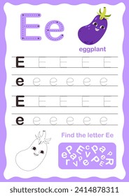 Tracing letters alphabet. Uppercase and lowercase letter E Engish alphabet. Handwriting exercise for kids. Vector illustration
