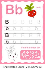 Buchstabennachweis. Großbuchstabe und Kleinbuchstabe B Englisches Alphabet. Handschriftliche Übung für Kinder. Vektorgrafik
