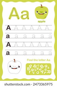 Tracing letters alphabet. Uppercase and lowercase letter A Engish alphabet. Handwriting exercise for kids. Vector illustration
