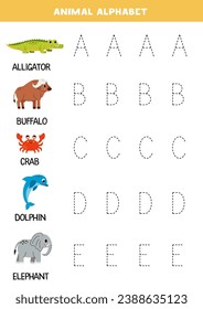 Tracing letters of English alphabet. animal alphabet. Handwriting practice for preschool kids.
