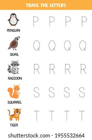 Tracing letters of English alphabet. Cute animal alphabet. Handwriting practice for preschool kids.