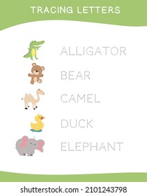 Tracing letters. Tracing names of animal names worksheet. Writing practice. Educational printable colorful worksheet. Vector file.