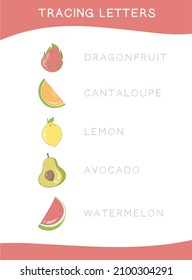 Tracing letters. Tracing names of fruits name worksheet. Writing practice. Educational printable colorful worksheet. Vector file.